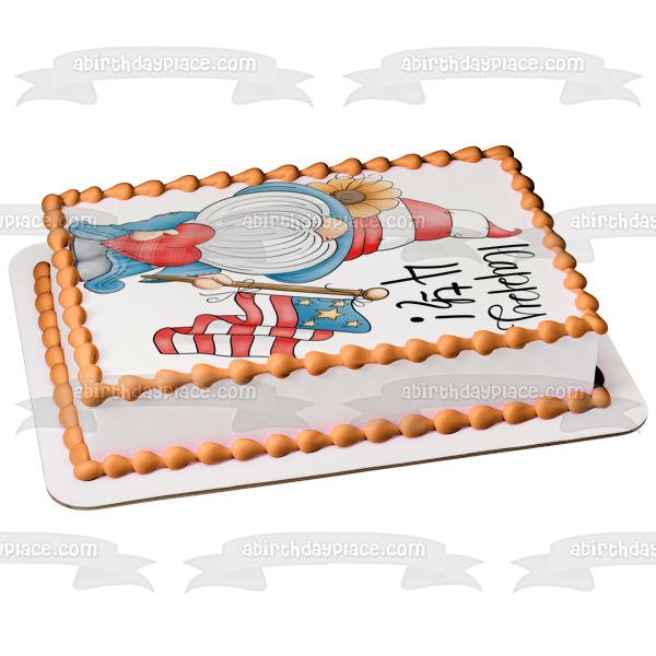 Happy 4th of July Gnome and the American Flag Edible Cake Topper Image ABPID57709