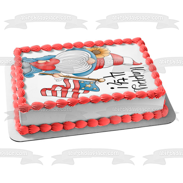 Happy 4th of July Gnome and the American Flag Edible Cake Topper Image ABPID57709