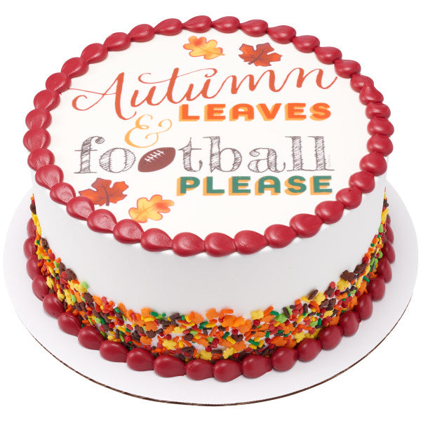 Imagen comestible para decoración de tarta con hojas de otoño y fútbol 