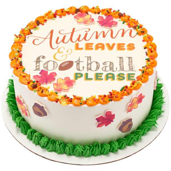 Imagen comestible para decoración de tarta con hojas de otoño y fútbol 