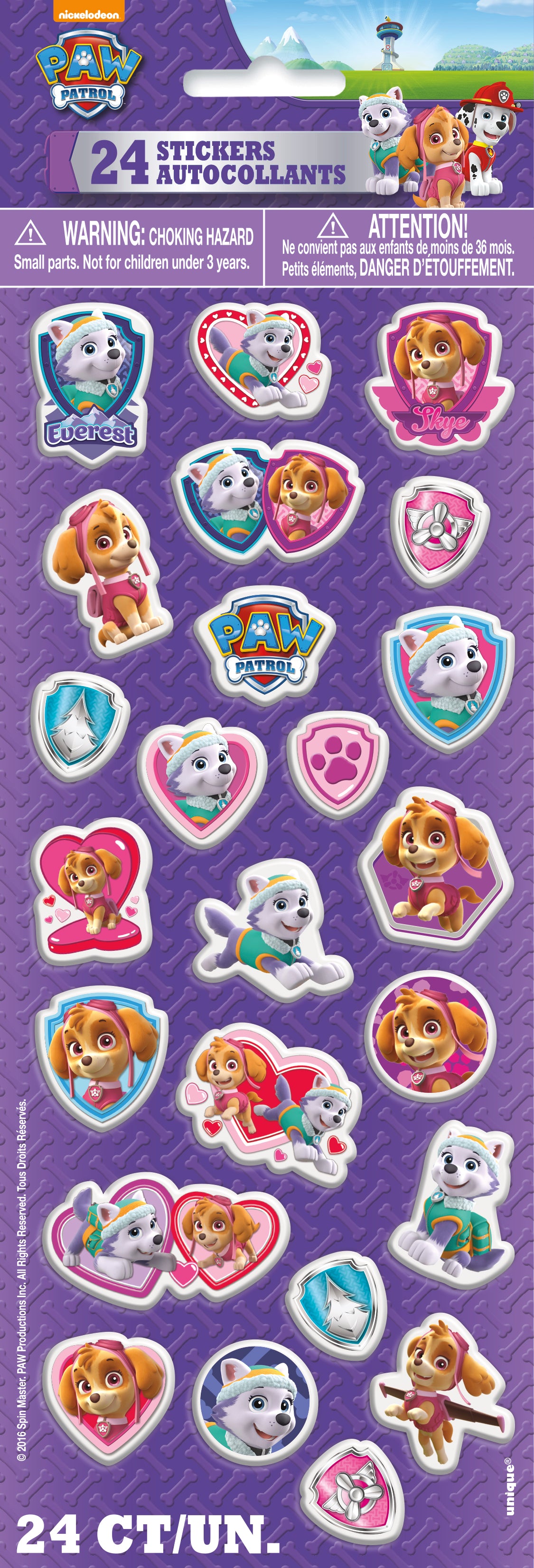 Hoja de pegatinas hinchadas de color rosa y morado de Paw Patrol, 1 unidad 