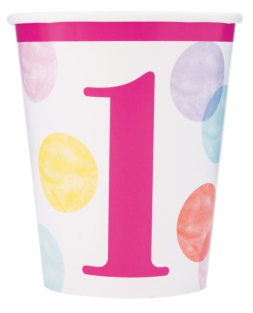 Vasos de papel Pink Dots 1er cumpleaños de 9 oz, 8 unidades