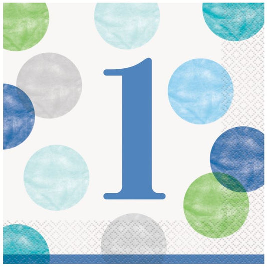 Blue Dots 1st Birthday Luncheon Napkins, 16ct