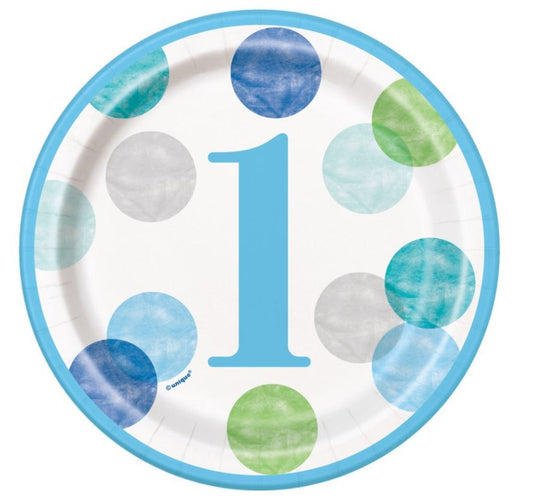 Blue Dots 1st Birthday Round 7" Dessert Plates, 8ct