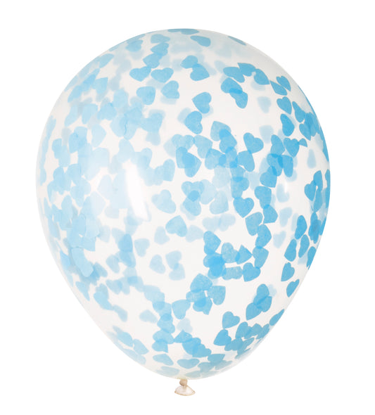 Globos de Látex Transparentes con Confeti de Corazón Azul 16", 5 unidades