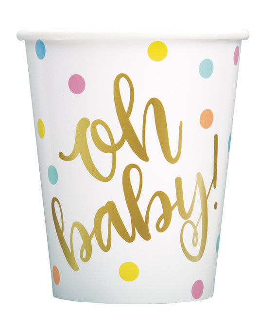 "¡Oh bebe!" Vasos de papel dorados Baby Shower de 9 oz, 8 unidades