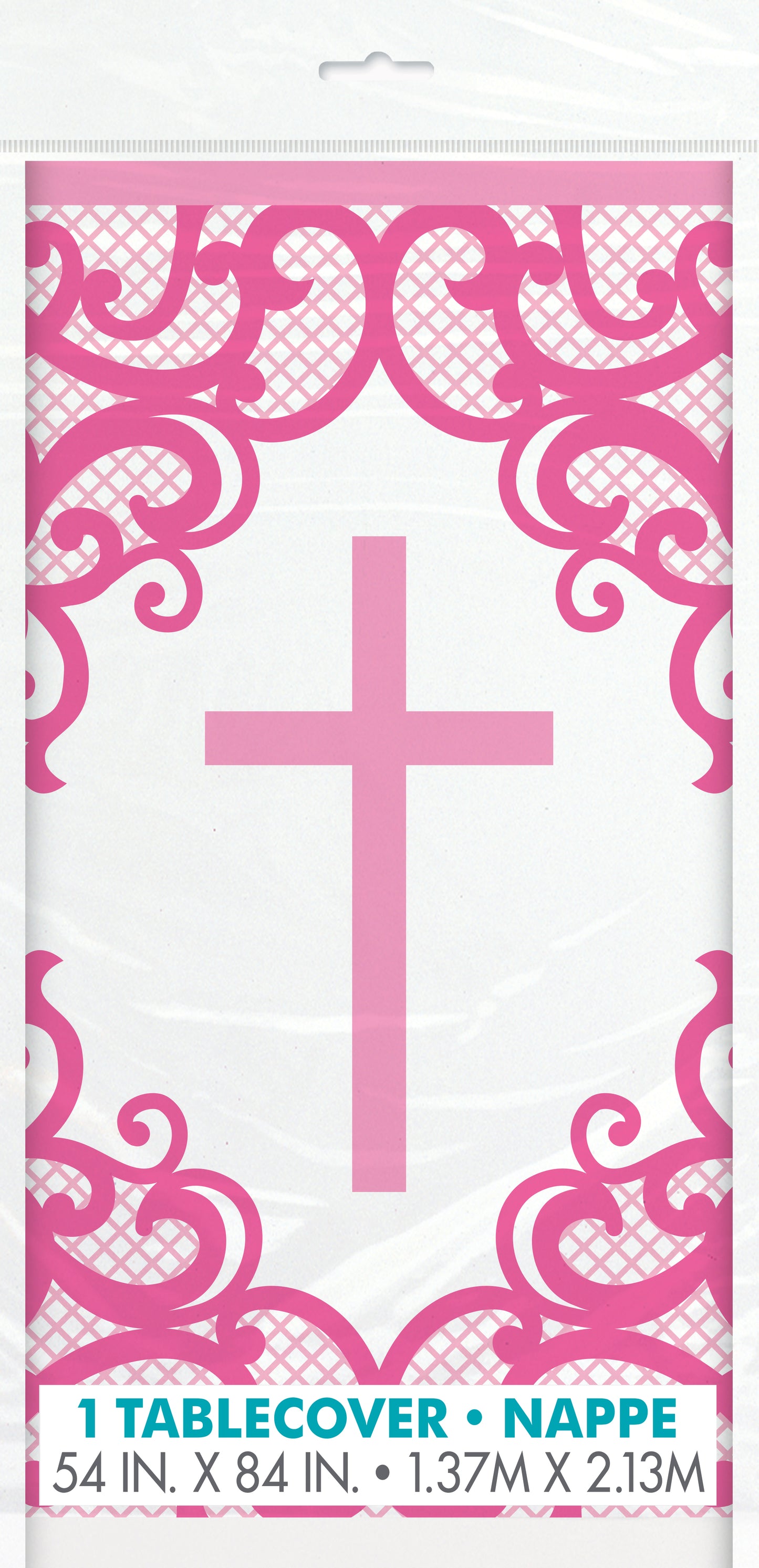 Fancy Pink Cross Mantel rectangular de plástico, 54" x 84", 1 unidad