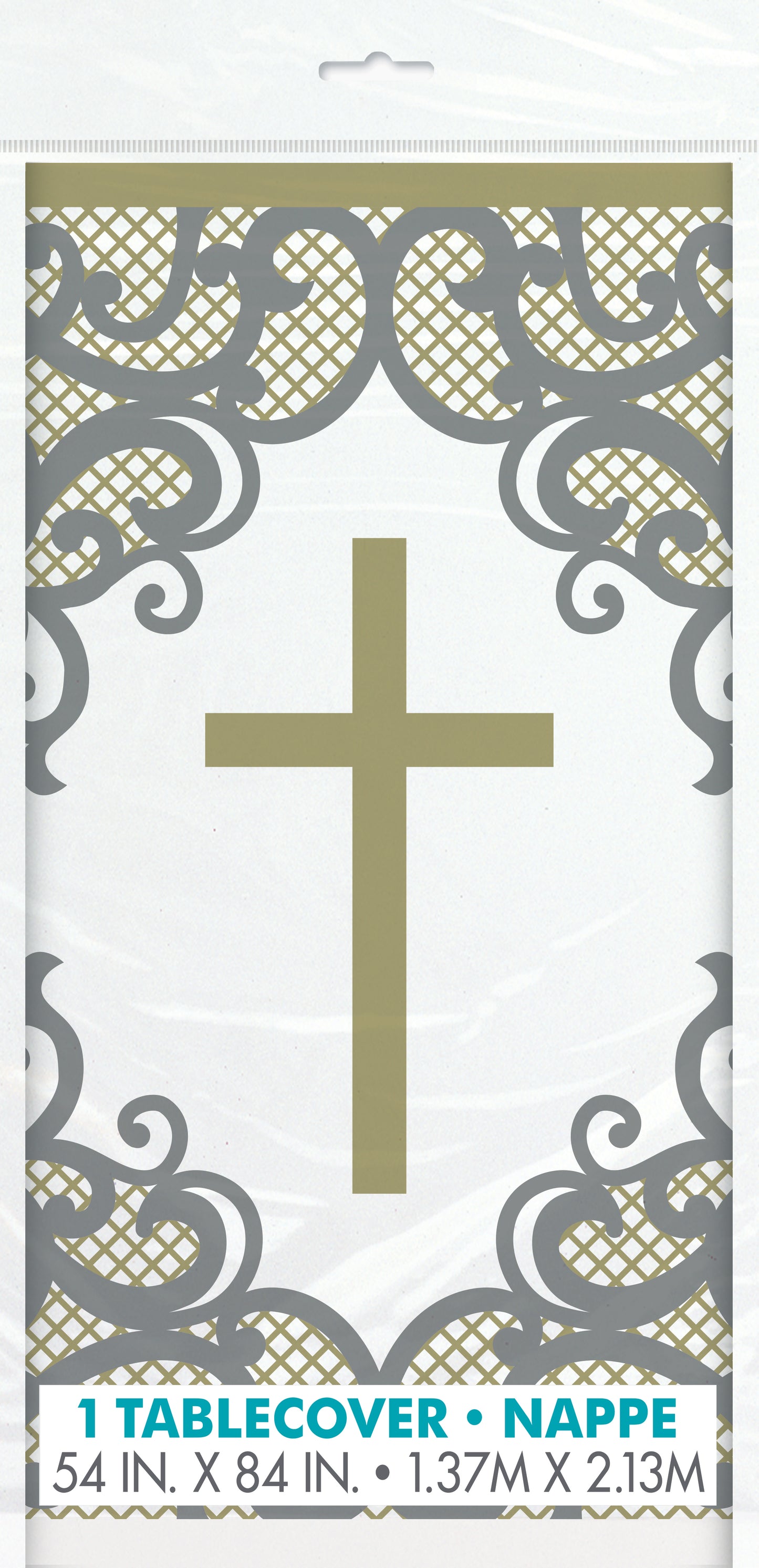 Fancy Gold Cross Mantel rectangular de plástico, 54" x 84", 1 unidad