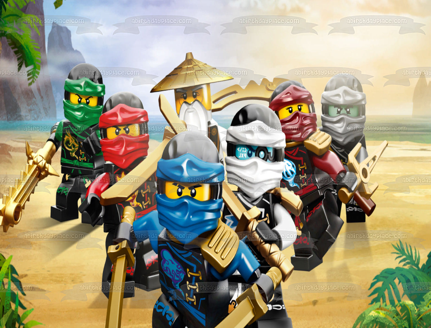 La película LEGO Ninjago Lloyd Sensei Wu Fucsia Ninja Zane Kai y Jay Imagen comestible para decoración de tarta ABPID00025 