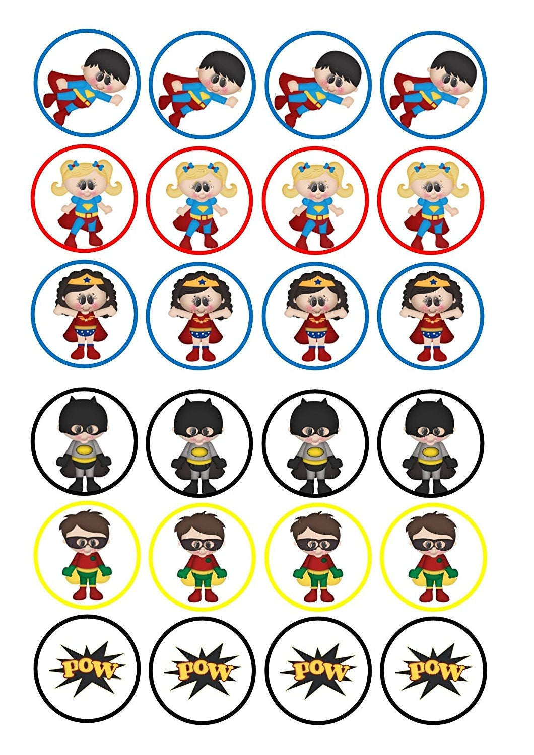 Superman Supergirl Wonder Woman Batman Robin Pow Edible Cupcake Topper Images Edible Cupcake Topper Images ABPID00074