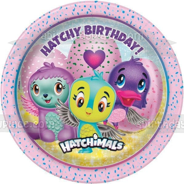 Hatchy Cumpleaños Hatchimals Corazones Fondo Púrpura Imagen Comestible Para Pastel ABPID00201 