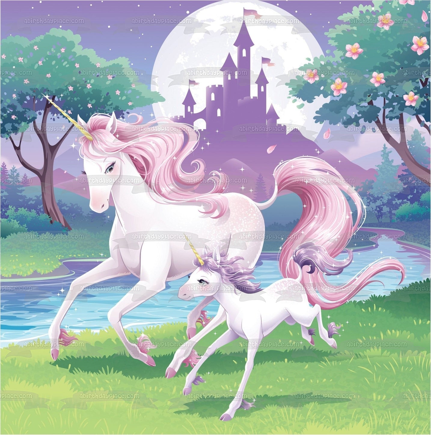 Unicorns Mom and Baby Trees Castle Moonlight Edible Cake Topper Image ABPID00208