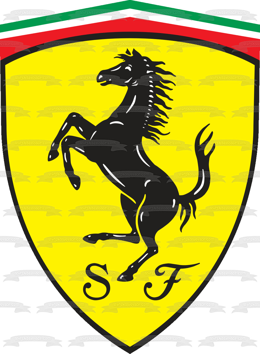 Logotipo de Ferrari, caballo rampante negro, fondo amarillo, decoración comestible para tarta, imagen ABPID00221 