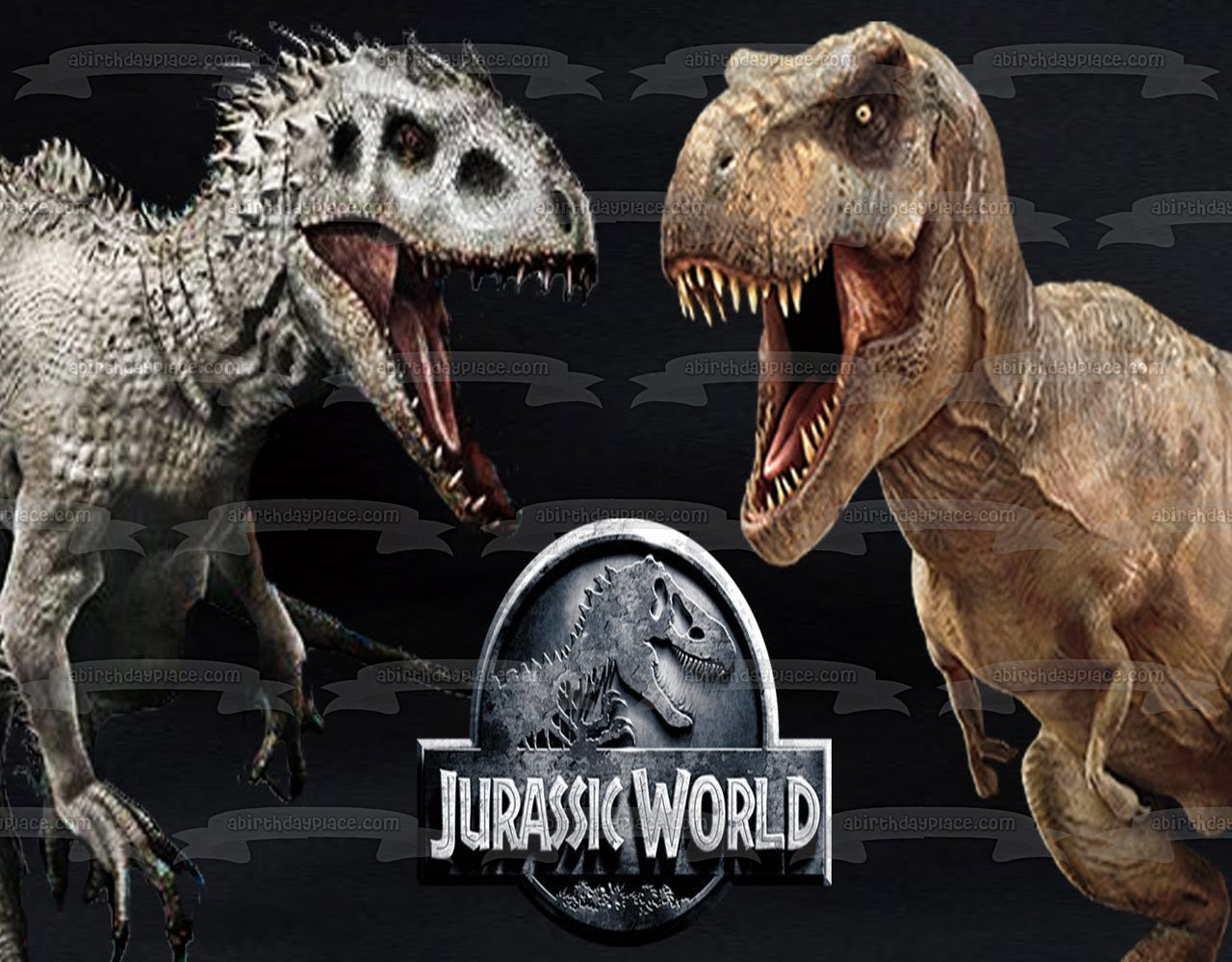 Logotipo de Jurassic World Indominus Rex Vs Tyrannosaurus Rex Imagen comestible para decoración de tarta ABPID00290 