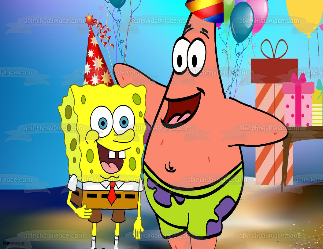 SpongeBob SquarePants Happy Birthday Patrick Party Hats Presents Balloons Edible Cake Topper Image ABPID00372