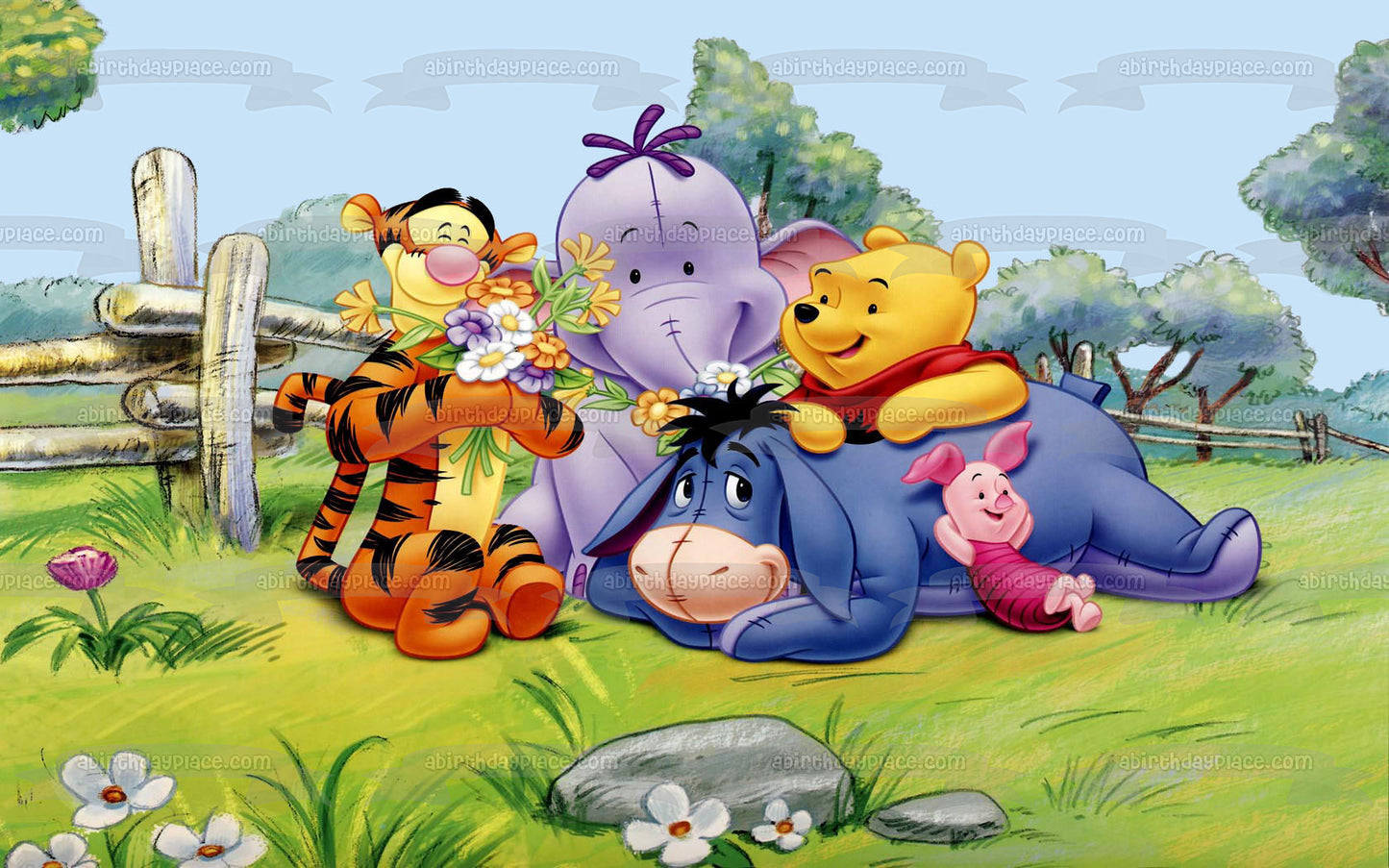 Winnie the Pooh Eeyore Piglet Tigger Heffalump Laying on the Grass Flowers Edible Cake Topper Image ABPID00376