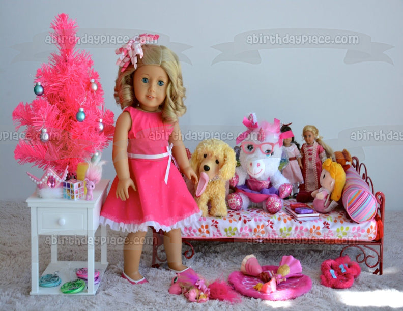 Muñeca American Girl Fashion con perro, unicornio y accesorios, adorno comestible para tarta, imagen ABPID00461 