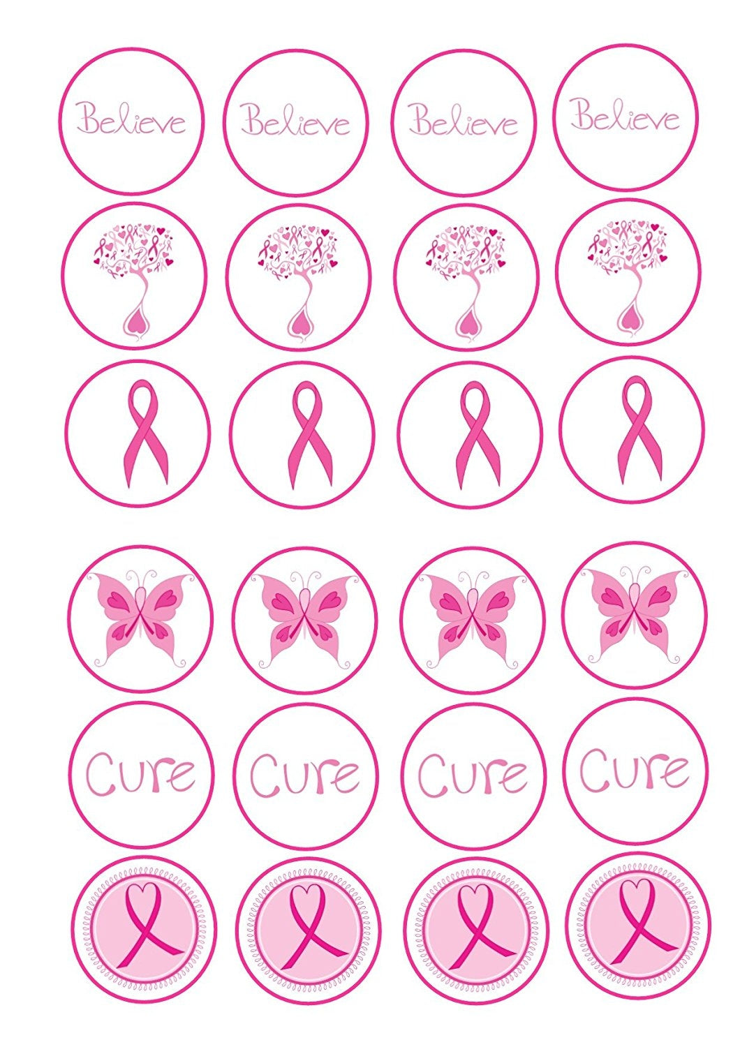 Breast Cancer Awareness Believe Cure Pink Ribbons and Butterflies Edible Cupcake Topper Images ABPID00499