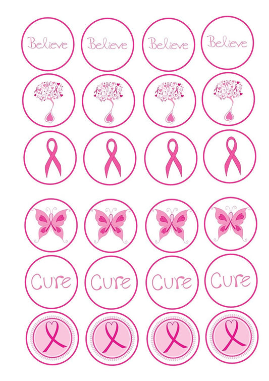 Breast Cancer Awareness Believe Cure Pink Ribbons and Butterflies Edible Cupcake Topper Images ABPID00499