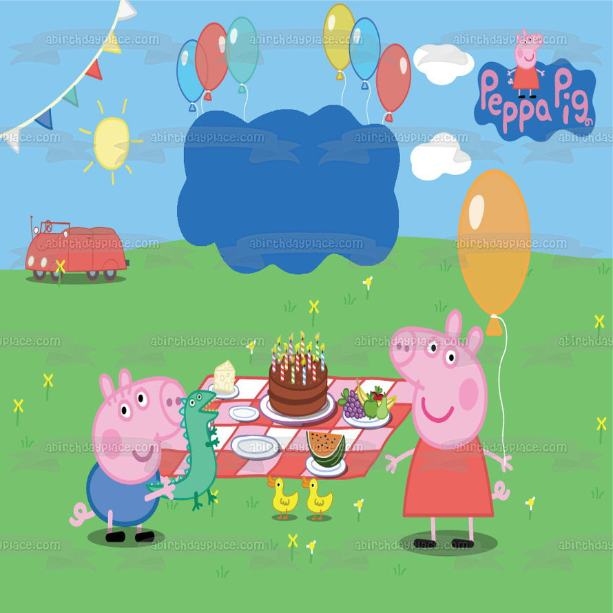 Peppa Pig George fiesta de cumpleaños pastel y globos marco de imagen comestible para decoración de pastel ABPID00643 