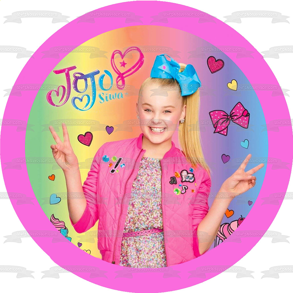 Imagen de decoración comestible para tarta con lazos y cupcakes de corazones de la paz de Jojo Siwa ABPID00686 