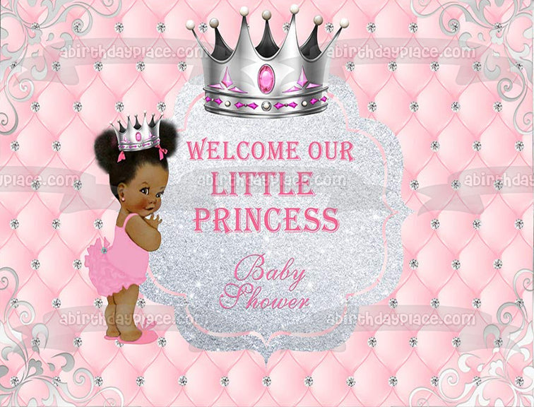 Bienvenido a nuestra pequeña princesa Afro Puff Baby Shower adorno comestible para tarta imagen ABPID00735 