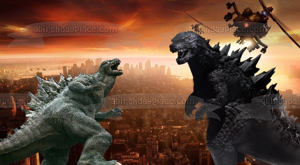 Godzilla King of the Monsters Two Godzillas Fighting Helicopters Edible Cake Topper Image ABPID00738