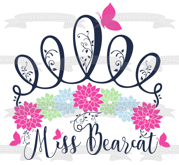 Miss Bearcat Flowers Butterfly Pink Blue Green Edible Cake Topper Image ABPID00818