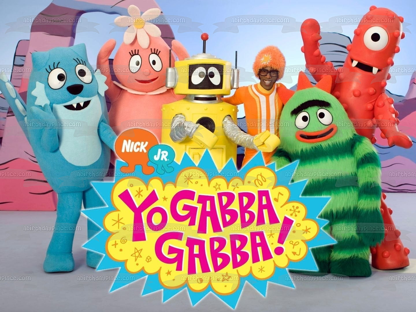 Yo Gabba Gabba Muno Foofa Brobee Toodee y Plex saludando como decoración comestible para tarta imagen ABPID00855 