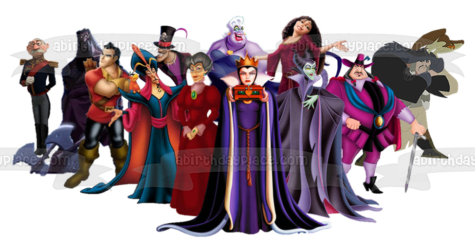 Villanos Cruella De Ville Ursula Scar Maléfica Jafar Capitán Garfio Madrastra Gobernador Ratcliffe Evil Isneyqueen y Gaston Imagen comestible para tarta ABPID00922 