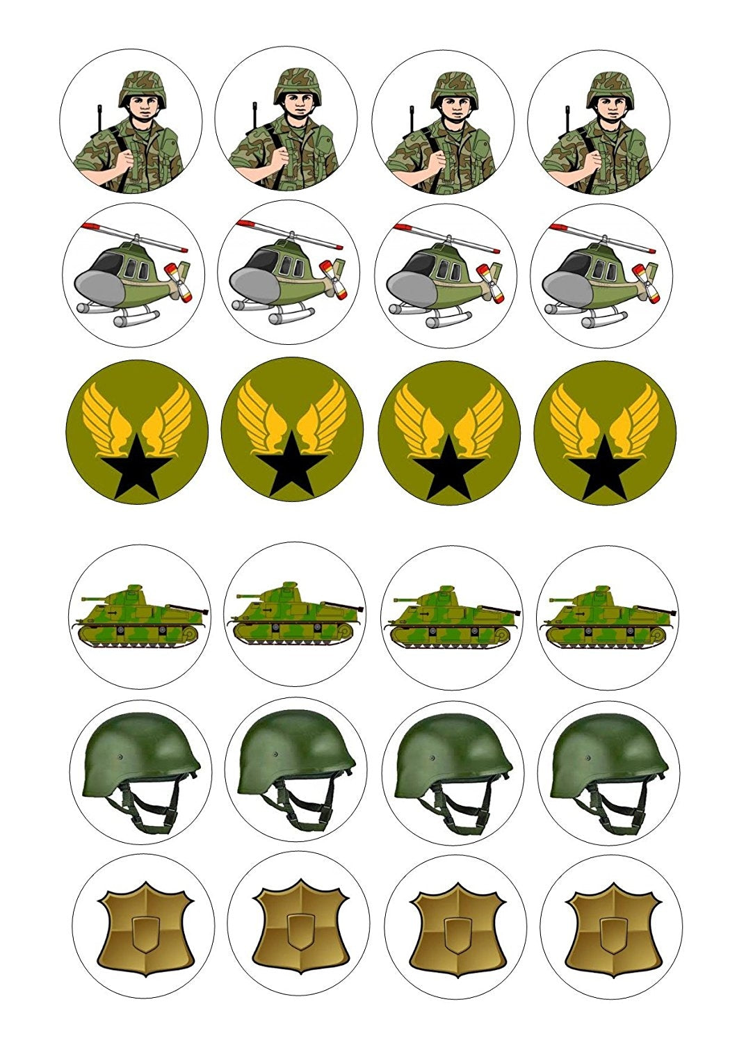 Cartoon Army Soldier Helicopter Emblem Tank Helmet Badge Edible Cupcake Topper Images ABPID00959