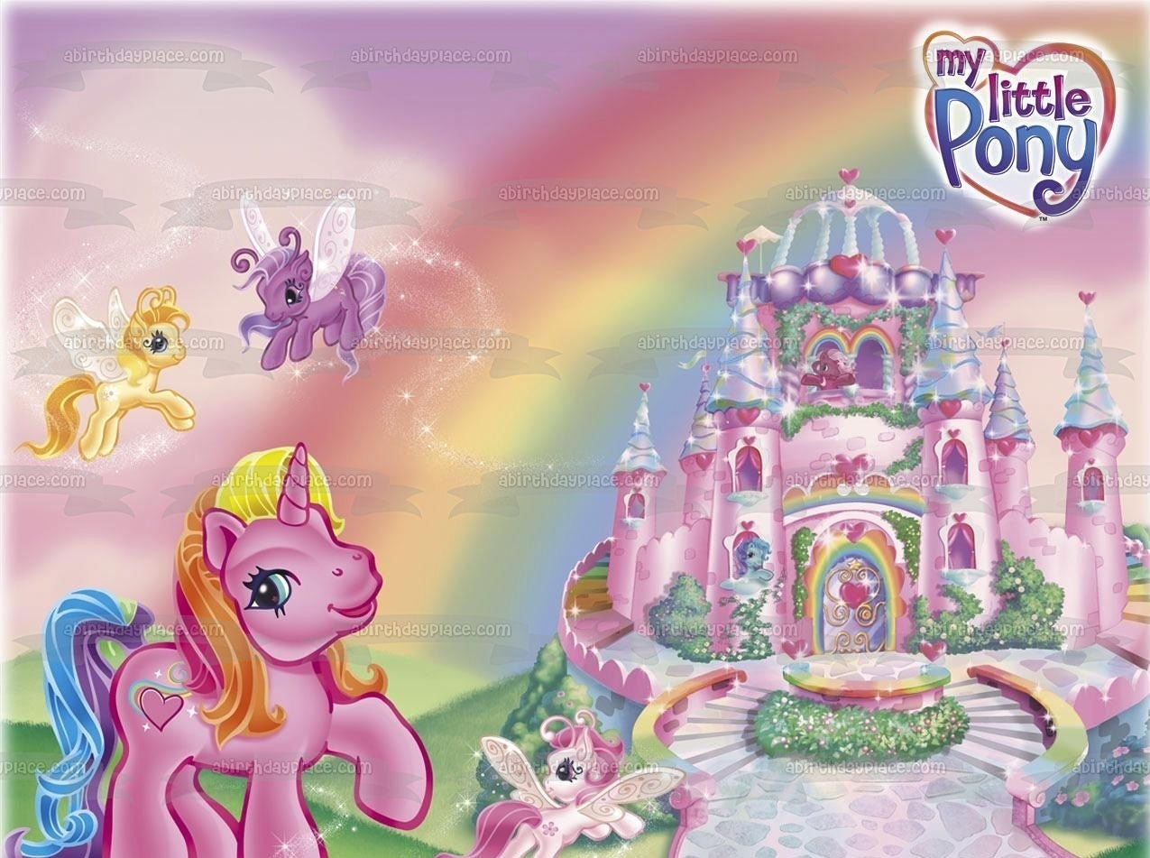 Adorno comestible para tarta con castillo rosa y ponis de My Little Pony, imagen ABPID01005 