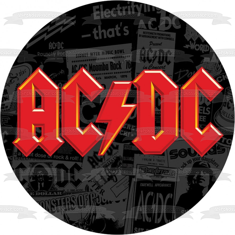 Imagen comestible para decoración de tarta con fondo de periódico con logotipo rojo de AC/DC ABPID01097 