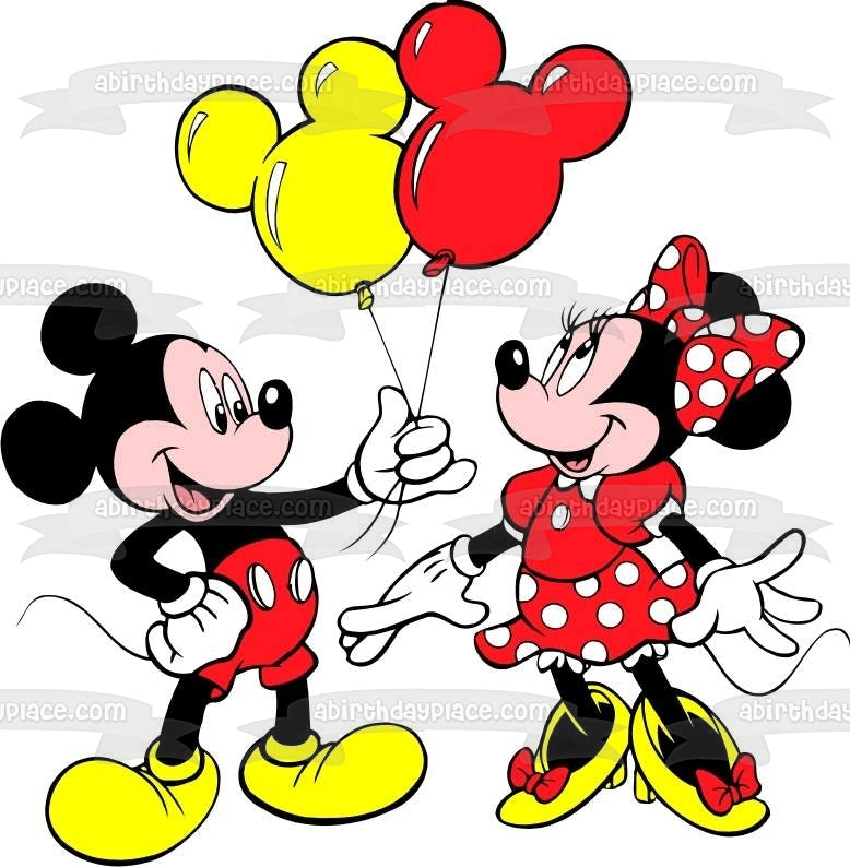 Imagen comestible para decoración de tarta con globos de Mickey Mouse y Minnie Mouse ABPID01109 