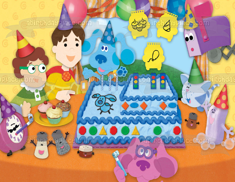 Blues Clues Happy Birthday Party Blue Steve Magenta Mailbox Joe Tickety Toc Cake Cupcakes Party Hats Balloons Edible Cake Topper Image ABPID01188