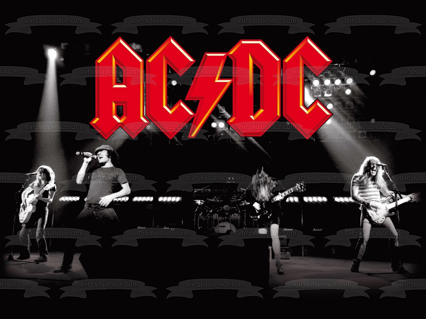 AC/DC Logo rojo Banda de rock cantando tocando instrumentos Imagen de decoración comestible para tarta en blanco y negro ABPID01224 