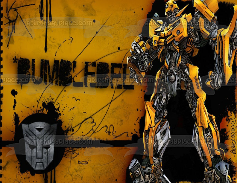 Transformers Autobot Bumblebee Standing Logo with a Yellow Background Edible Cake Topper Image ABPID01233