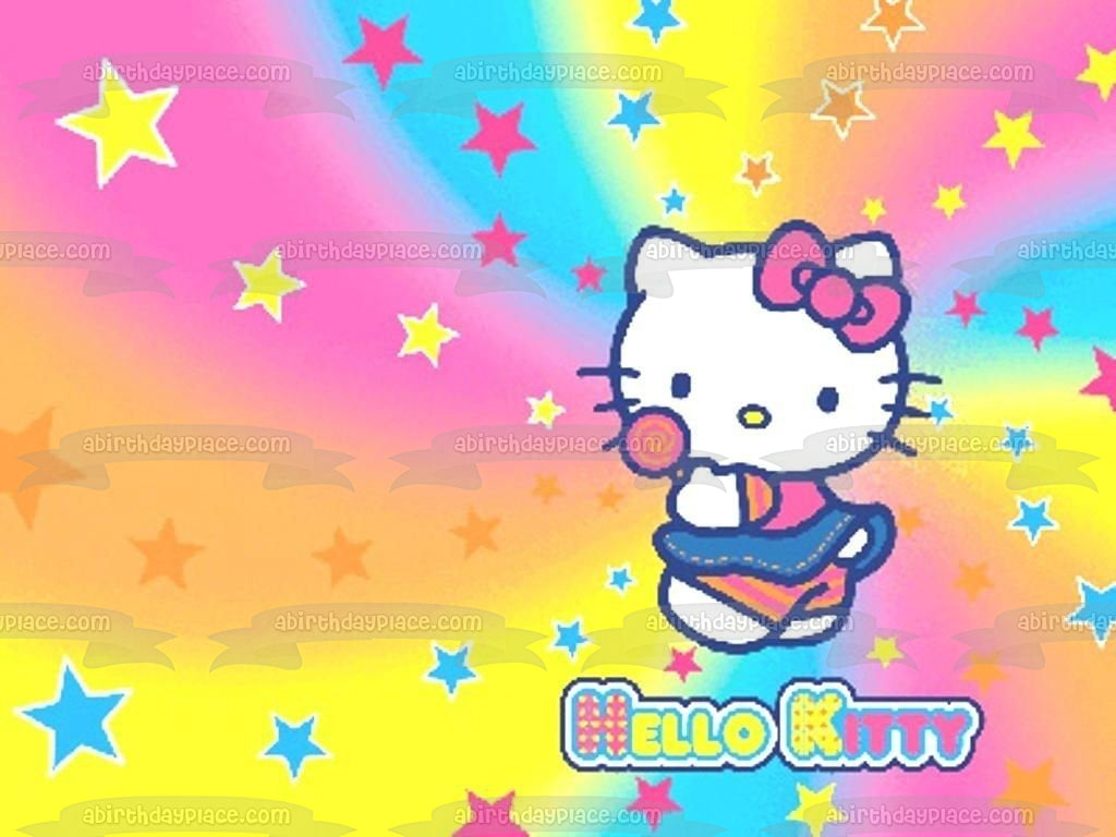 Logotipo de Hello Kitty Tye Dye y fondo estrellado Imagen comestible para decoración de tarta ABPID01249 