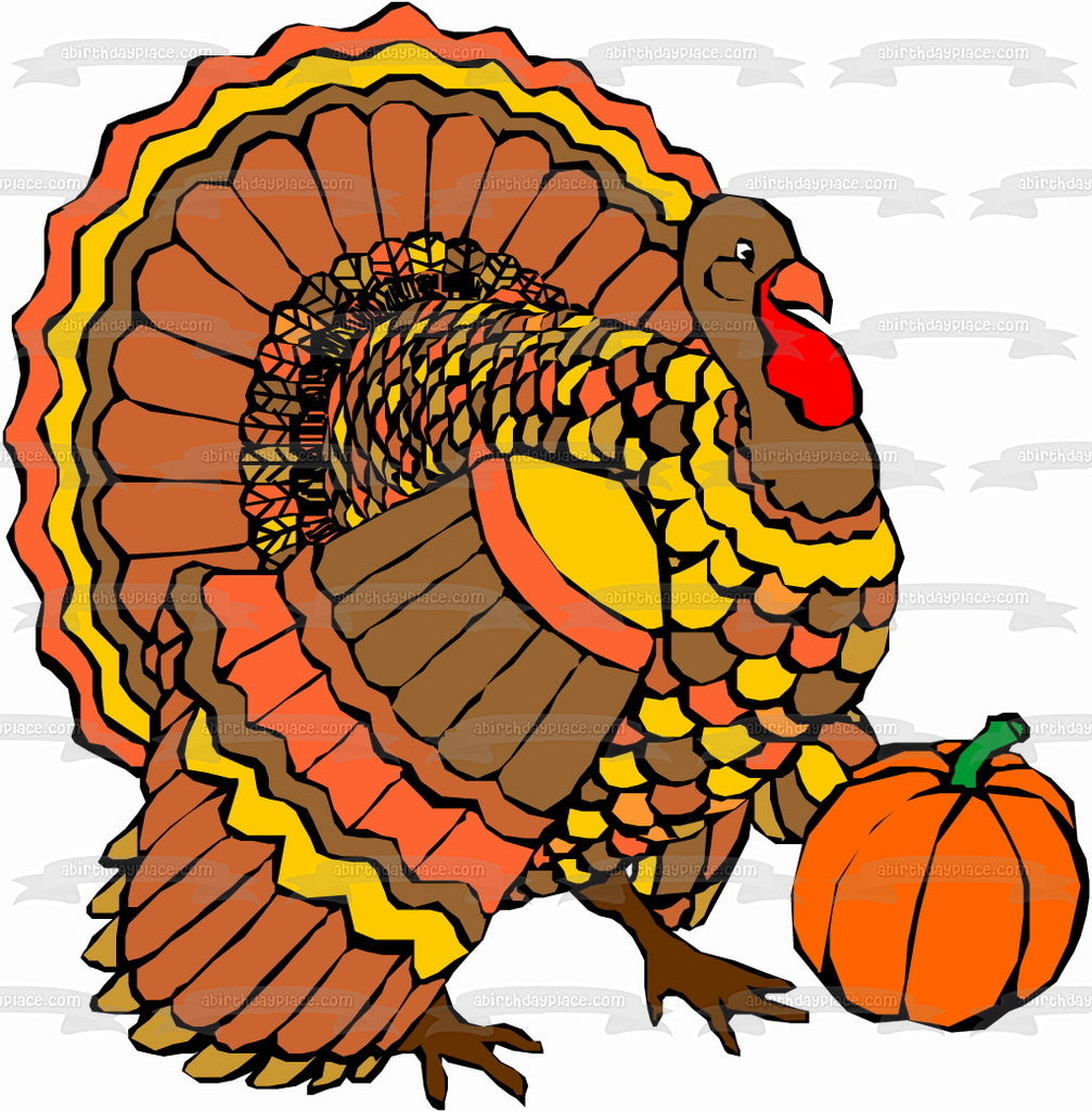 Happy Thanksgiving Colorful Turkey and a Pumpkin Edible Cake Topper Image ABPID01288