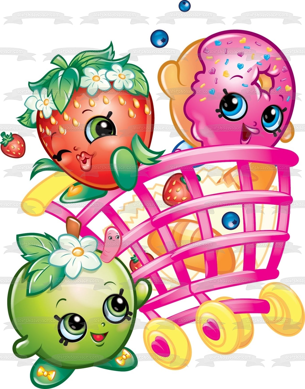 Shopkins Shopping Cart D'Lish Donut Strawberry Kiss and Apple Blossom Edible Cake Topper Image ABPID01316