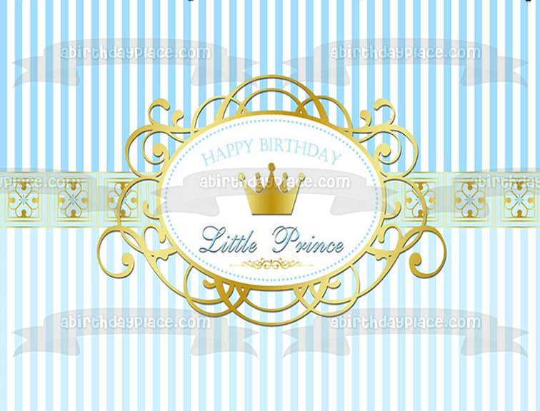 Feliz cumpleaños Principito Corona dorada Fondo de rayas azules y blancas Imagen comestible para decoración de tarta ABPID01393 