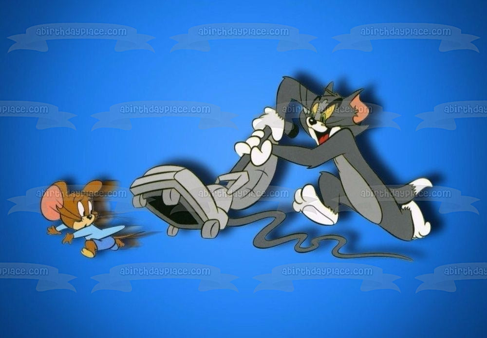 Tom y Jerry persiguiendo con una aspiradora y un fondo azul Imagen comestible para decoración de tarta ABPID01405 