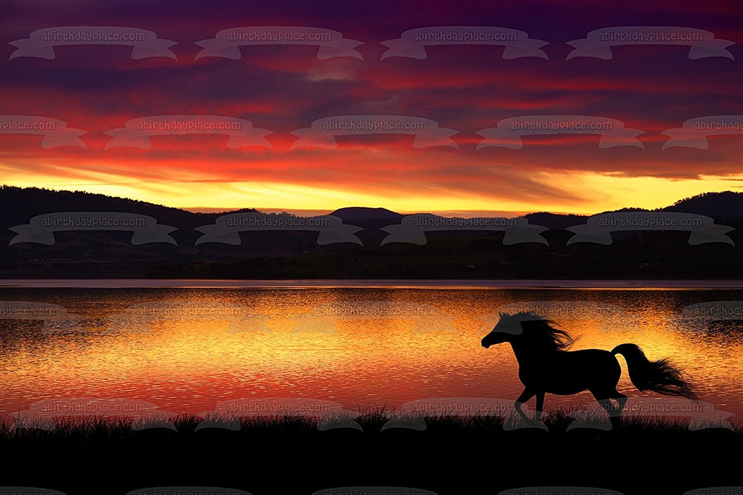 Horse Running Silhouette Sunset Background Edible Cake Topper Image ABPID01413