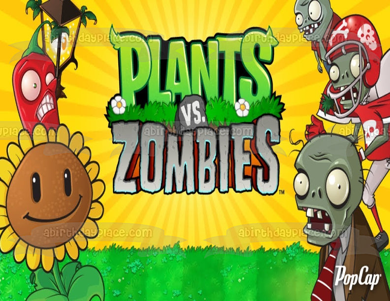 Plantas Vs Zombies Girasol Chili Pepper Zombies con un fondo amarillo Adorno comestible para tarta Imagen ABPID01428 