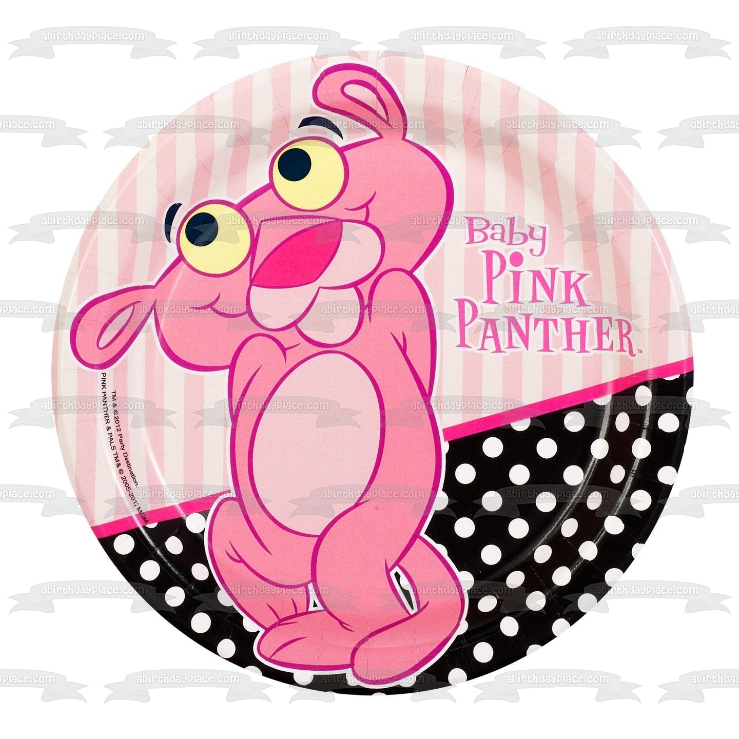 Baby Pink Panther Stripes and a Polka Dots Background Edible Cake Topper Image ABPID01475