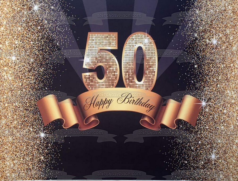 Happy 50th Birthday Gold Sparkles and Banner Edible Cake Topper Image ABPID01491