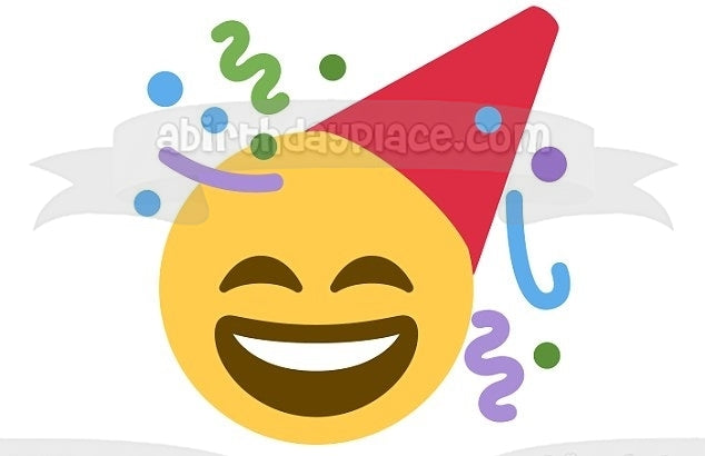 Sombrero de fiesta Emoji feliz con serpentinas Imagen comestible para decoración de tarta ABPID01506 