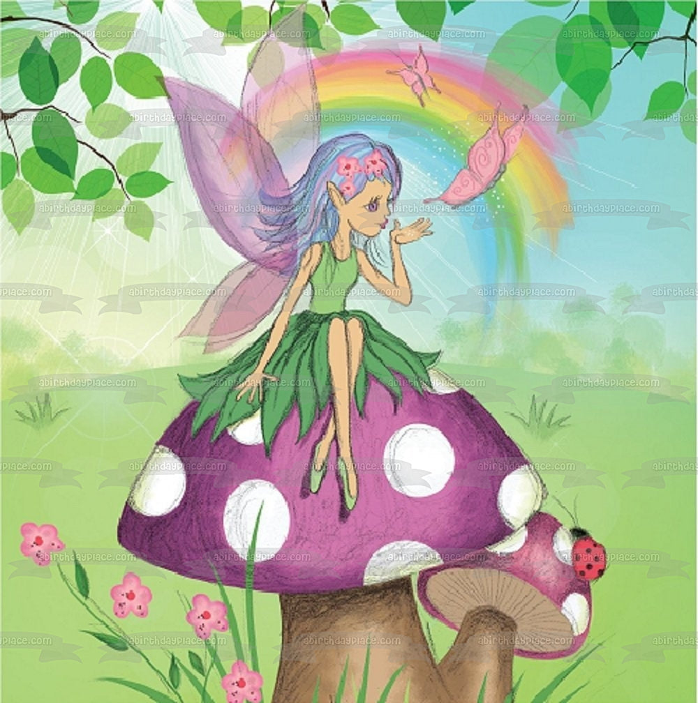 Pixie Fairy Mushroom Rainbow Butterflies Ladybug Edible Cake Topper Image ABPID01620