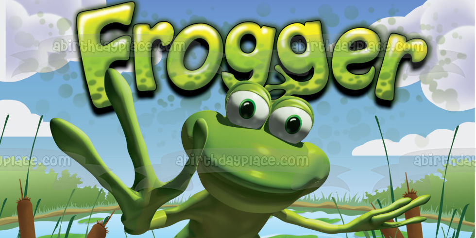 Imagen comestible para decoración de tarta con logotipo de Frogger, rana y nubes, ABPID01664 