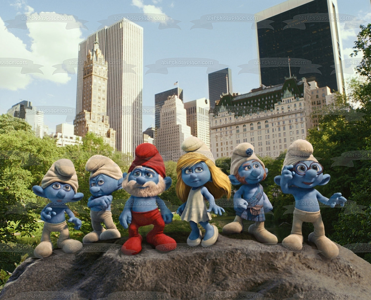 The Smurfs Central Park Papa Smurf Smurfette Grouchy Smurf Brainy Smurf and Gusty Smurf In Central Park Edible Cake Topper Image ABPID01769